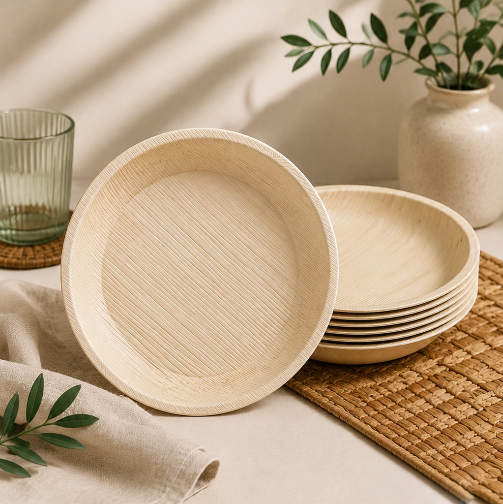 Round natural-tone plates with a gently raised rim and a visible leaf-grain surface.