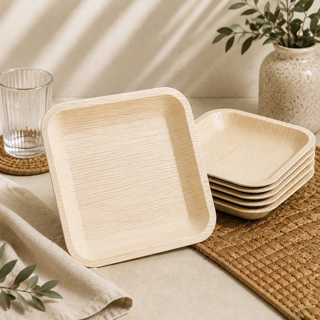 Square natural-tone plates with softly rounded corners and a shallow raised edge.