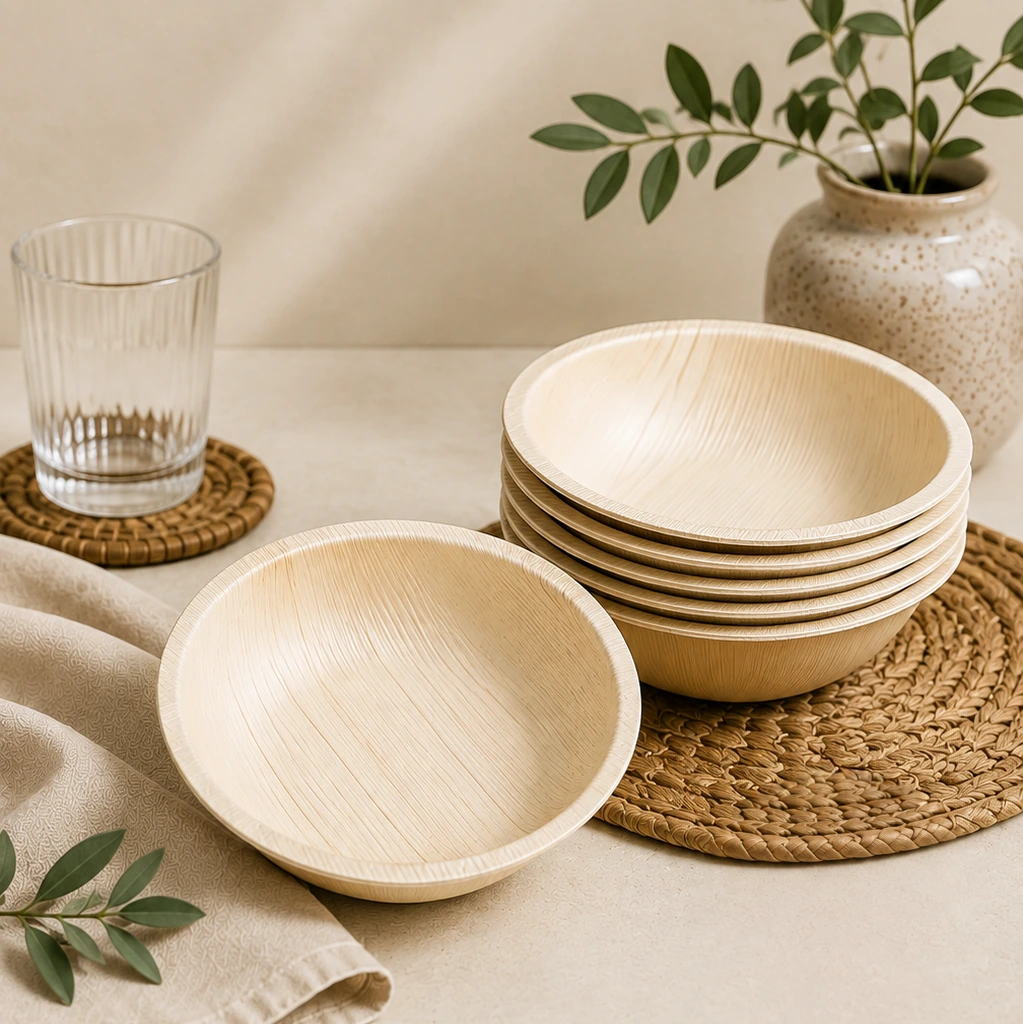 Round natural-tone bowls with smooth curved sides and a visible leaf-grain finish.