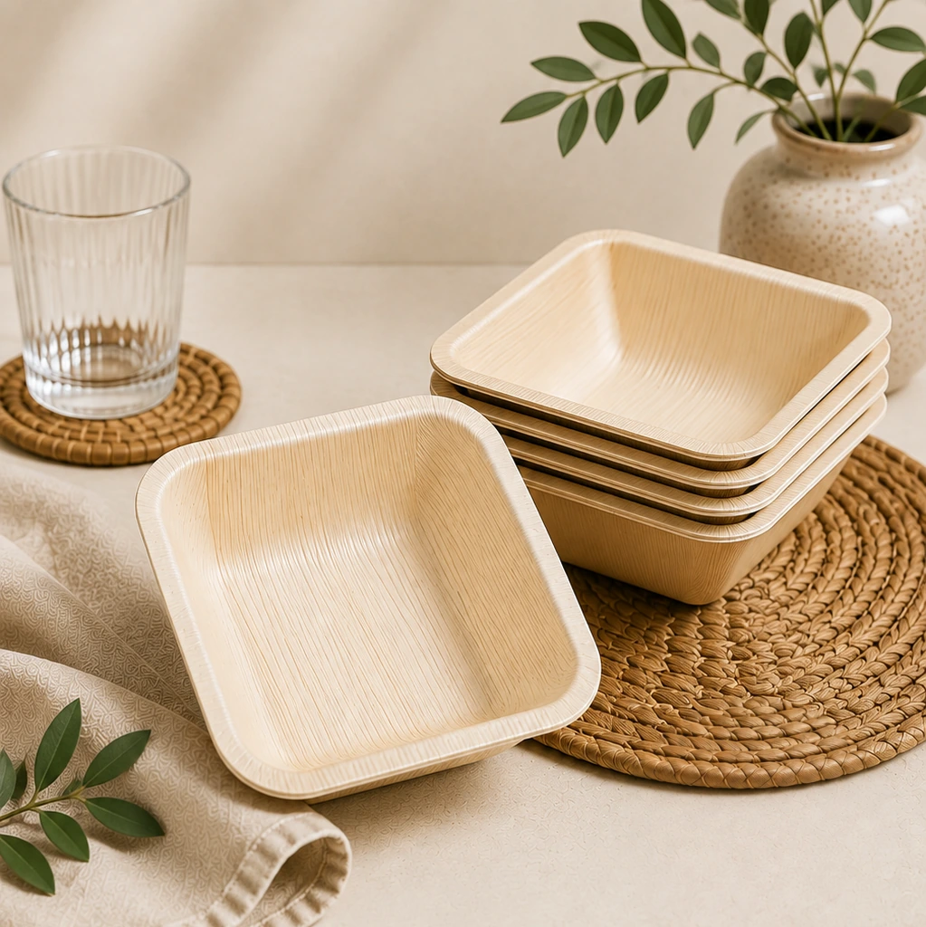 Square natural-tone bowls with rounded corners and deeper sides for a compact tableware profile.