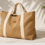A roomy natural-tone tote with broad contrasting straps extending down the front and a small accent patch.