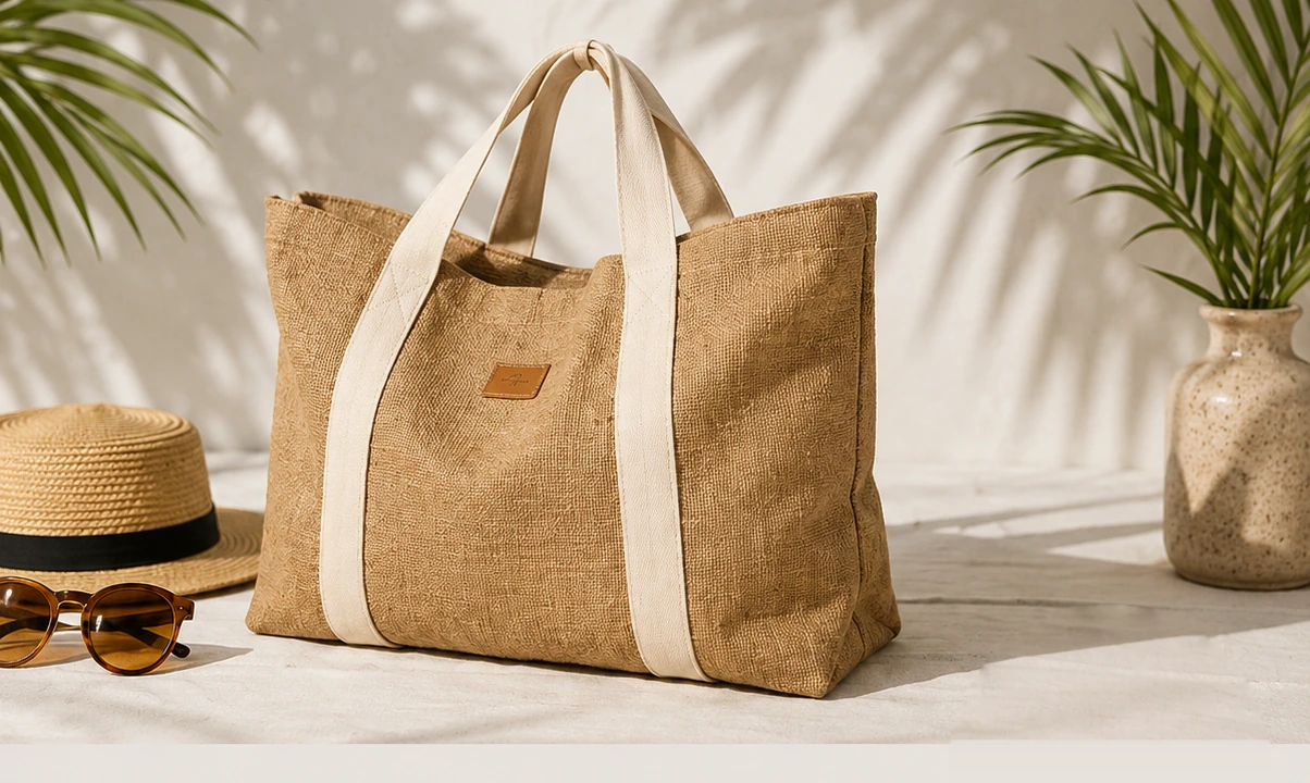 Contrast-Strap Jute Tote Bag