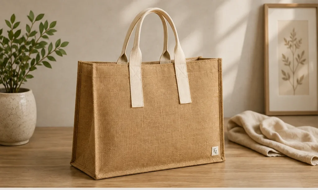 A clean-lined natural-tone shopper with pale fabric handles and a broad rectangular profile.