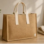 A clean-lined natural-tone shopper with pale fabric handles and a broad rectangular profile.