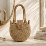 A circular spiral-braided bag with long handles and a buttoned front tab.