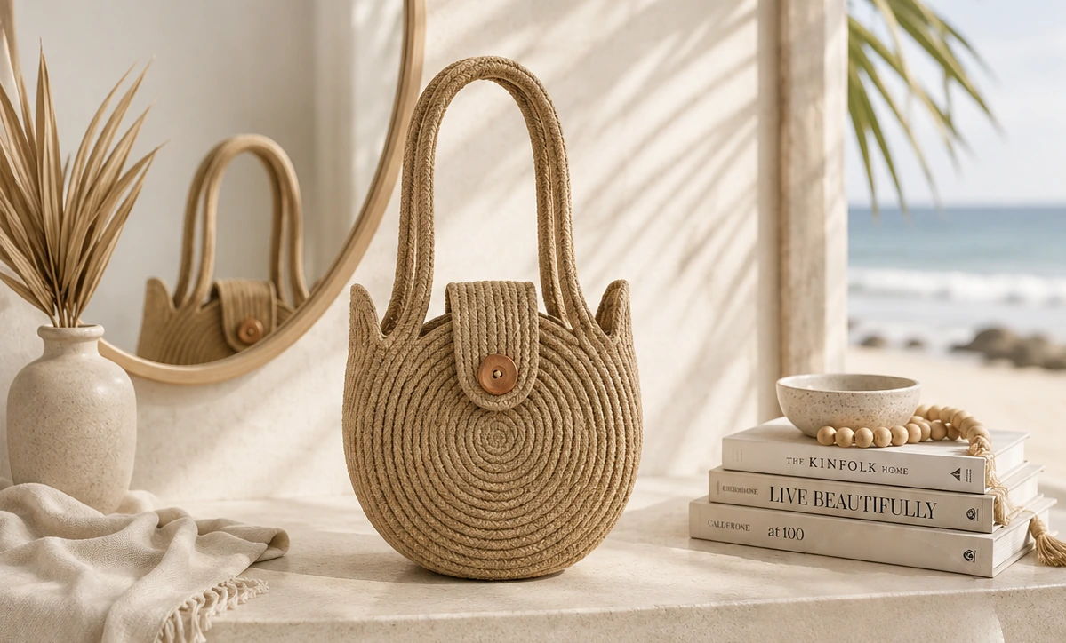 Round Braided Jute Bag with Button Closure