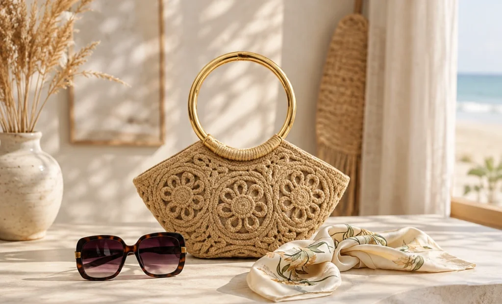 A sculptural trapezoid bag with floral openwork panels and rounded rigid handles.