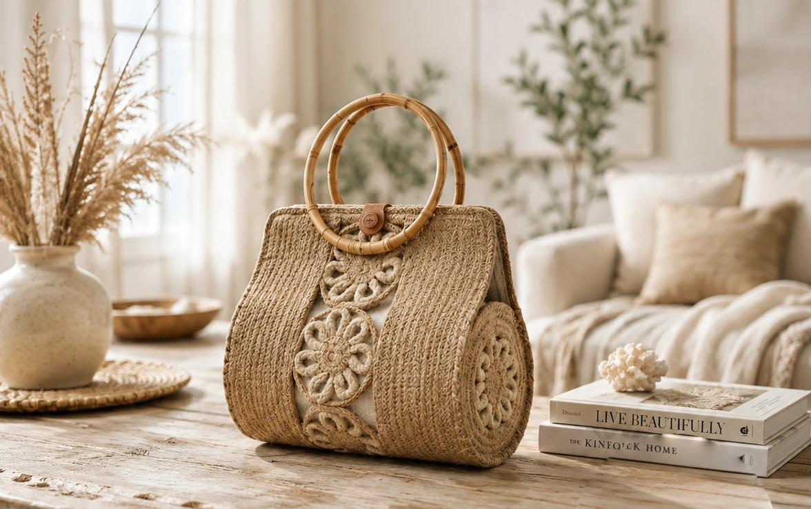 Floral Appliqué Ring-Handle Handbag