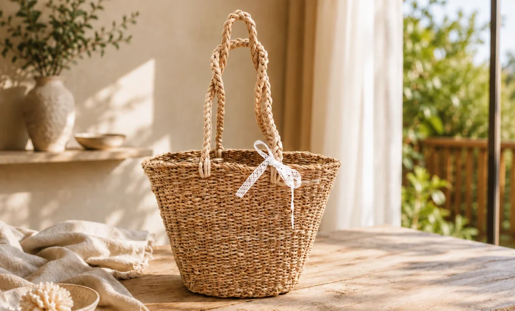 A tapered woven basket tote with long handles and a small ribbon accent.