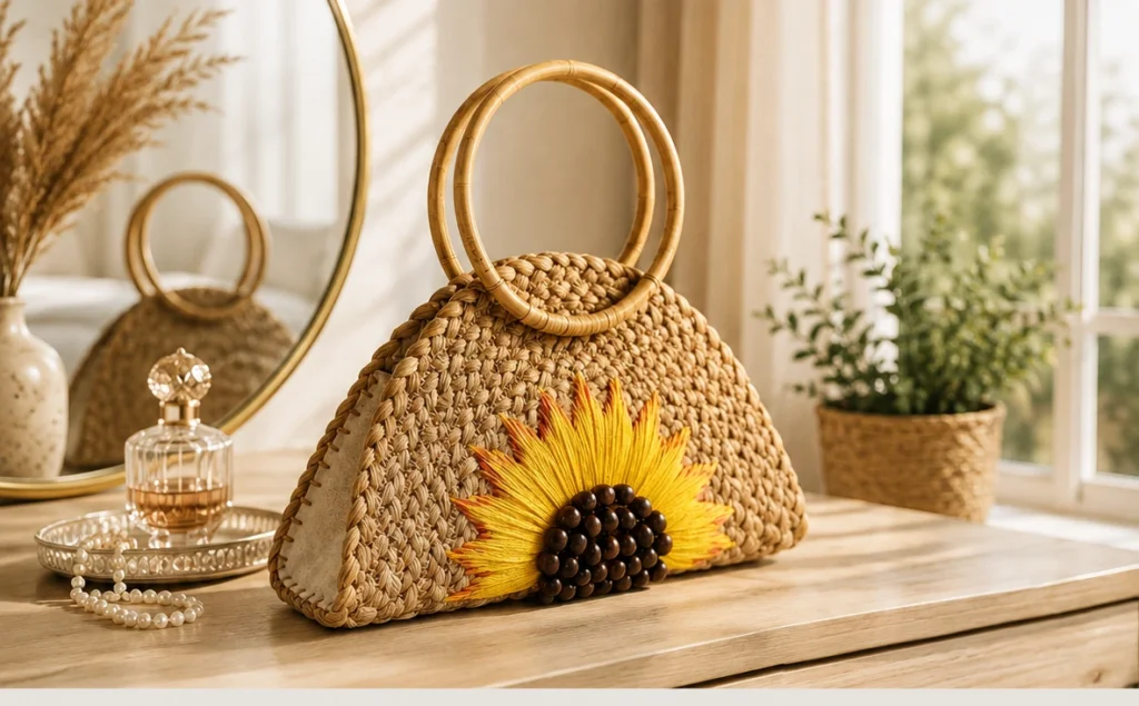 A triangular woven handbag with round handles and a bold sunflower motif across the front.