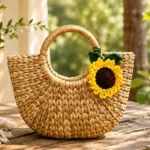 A rounded woven basket bag with circular handles and a raised sunflower accent.