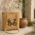 A rectangular natural-tone tote with long rope handles and a decorative bicycle-and-flowers motif.