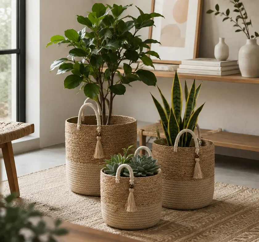 Cylindrical woven planter baskets with loop handles and tassel accents, shown in a coordinated size grouping.