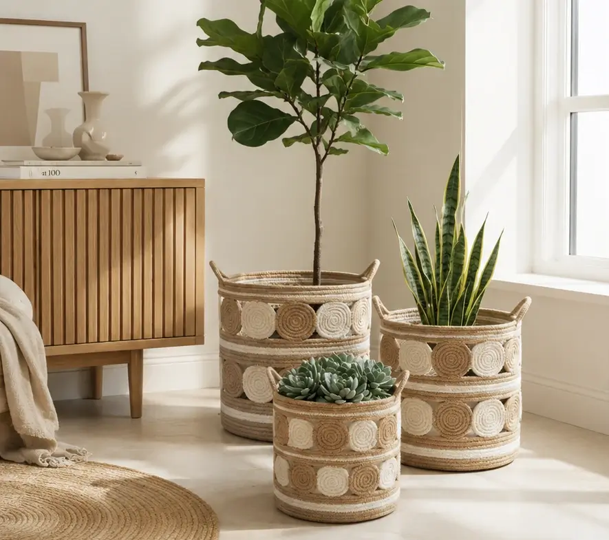 Cylindrical planter baskets with pale circular appliques and horizontal bands that create a graphic natural-tone finish.