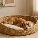 An oval woven pet basket with a raised rim and an open front profile, shown styled with a cushion.