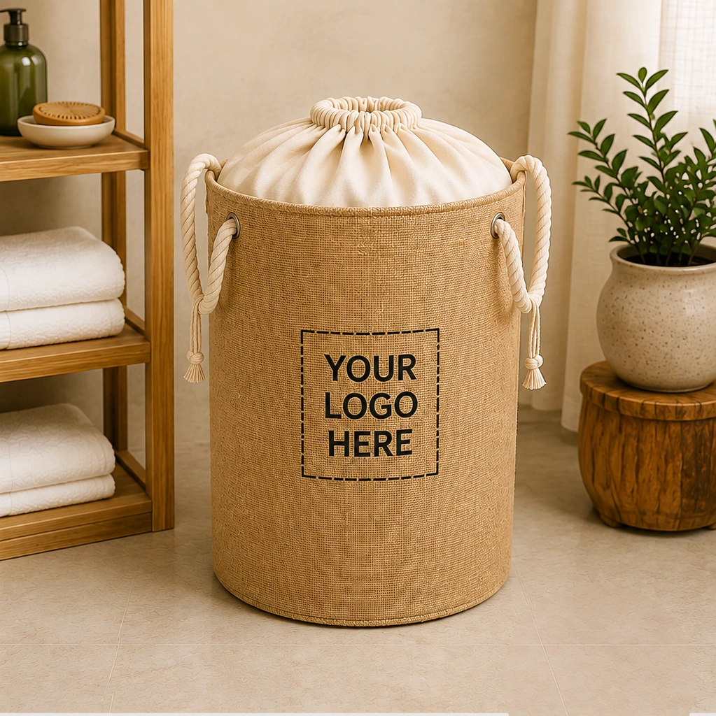 A cylindrical laundry hamper with rope handles, a fabric drawstring top and a front branding panel.