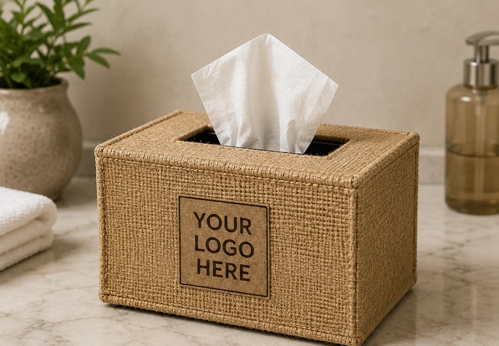 A rectangular natural-tone tissue box cover with a top opening and a front panel for your logo.