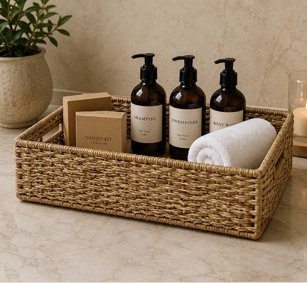 A low rectangular woven tray for arranging guest toiletries, folded towels and welcome essentials.