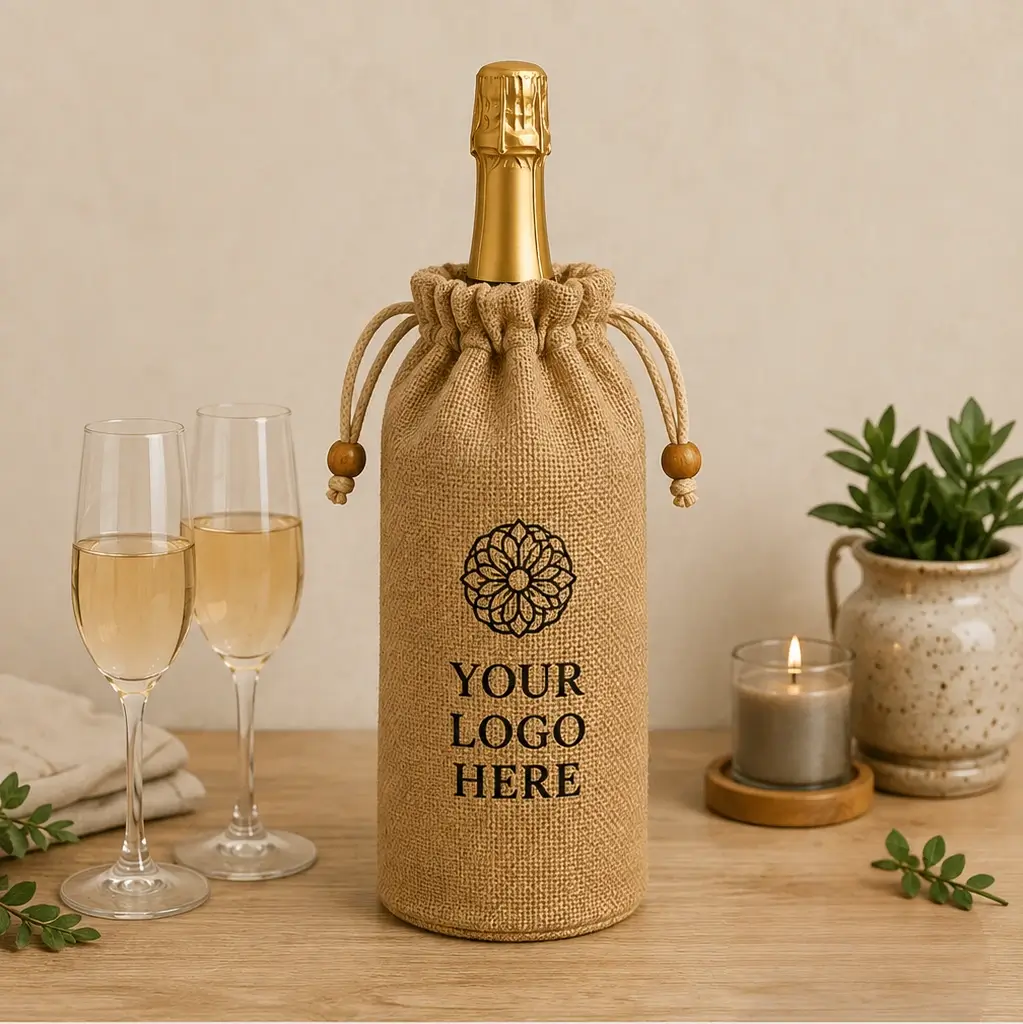Jute drawstring bottle gift bag with a custom logo panel.