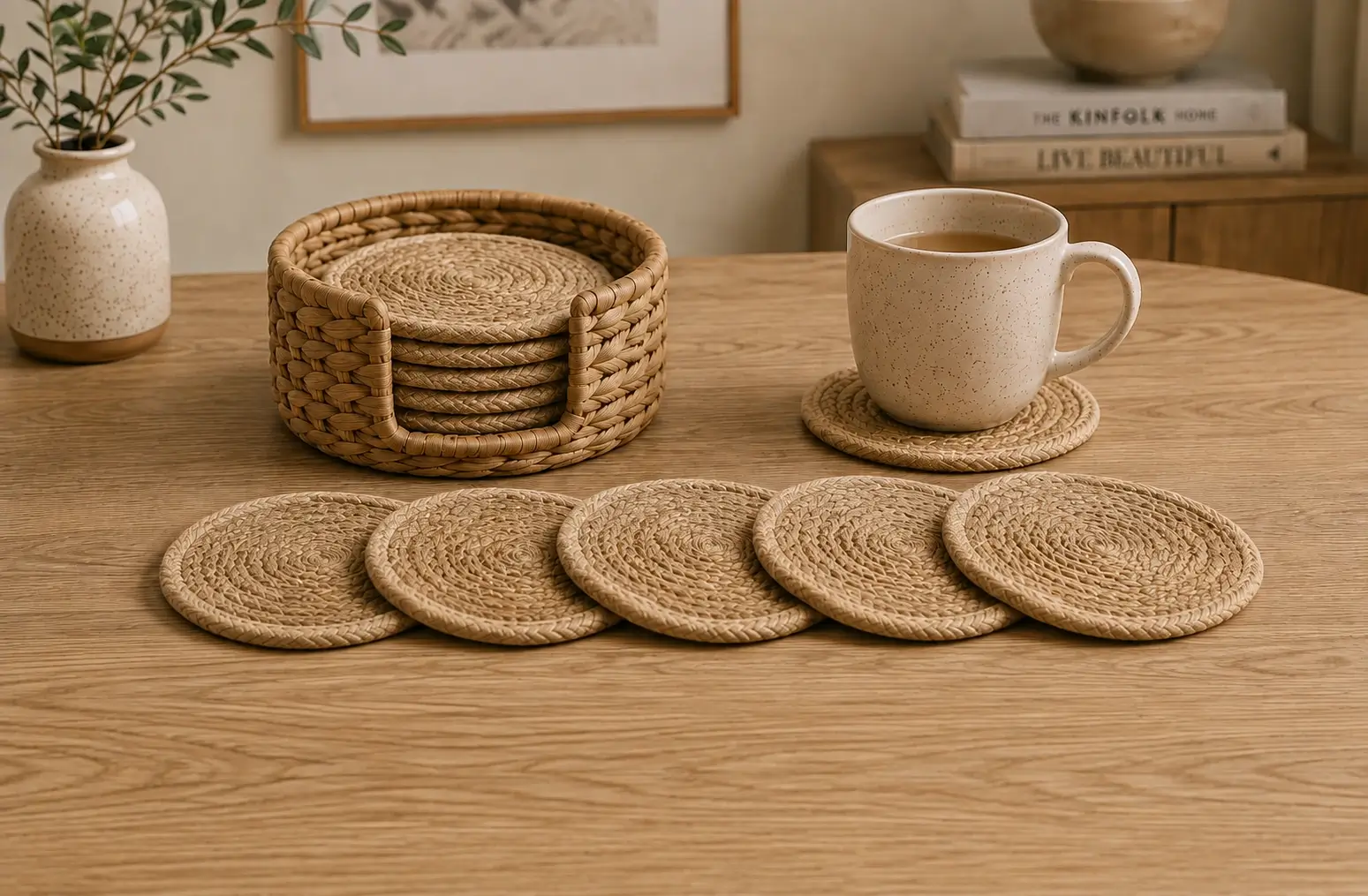 Round Braided Jute Coaster Set with Holder