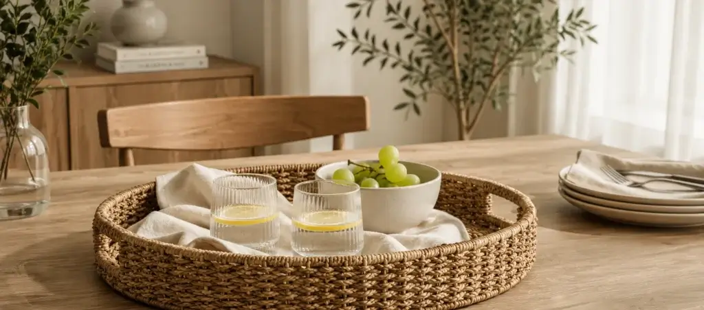 An oval woven tray with a raised edge and integrated hand openings, suited to tabletop presentation.