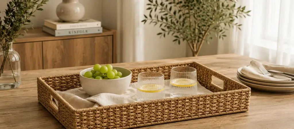 A rectangular woven tray with low sides and integrated hand openings for a neatly arranged table.