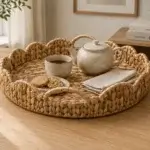 A round woven tray with a distinctive scalloped rim that brings a decorative touch to the table.
