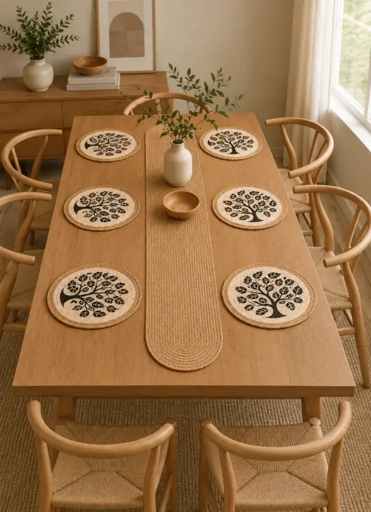 Round placemats with a dark floral motif, paired with a natural-tone rounded-end table runner.