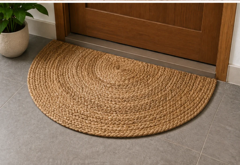 A semicircular jute mat with concentric braided rows and a straight edge for placement near a doorway.