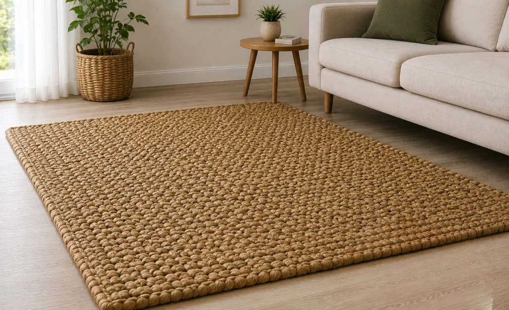 A rectangular jute rug with a pronounced chunky woven texture and a warm natural tone.