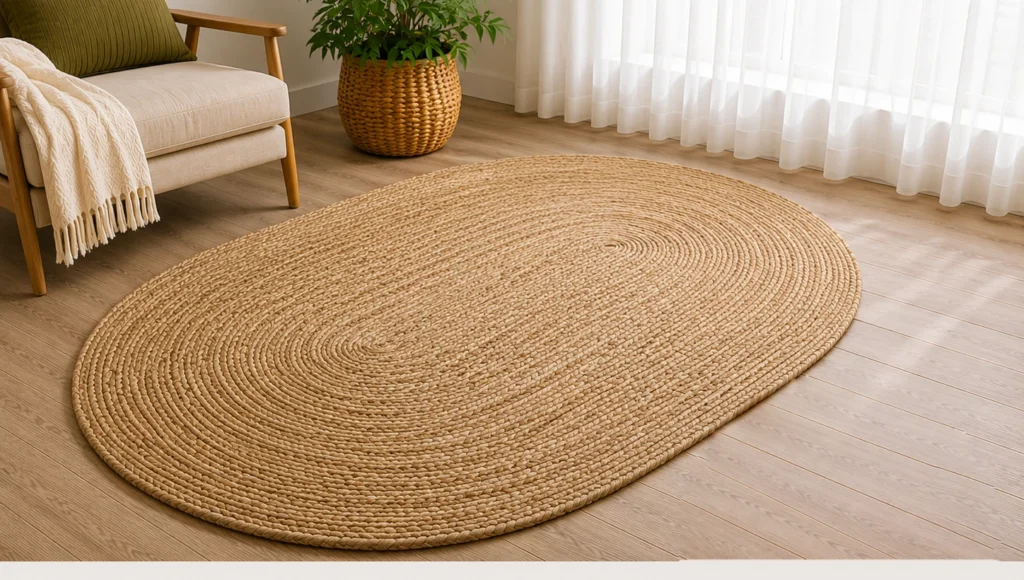 An oval jute rug with continuous concentric braiding and a simple natural-tone finish.