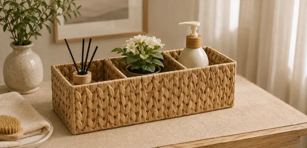 A long rectangular woven organiser for arranging bottles, jars and everyday countertop accessories.