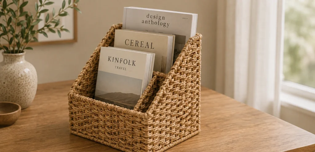 An upright woven holder with sloping sides for magazines, notebooks and papers.
