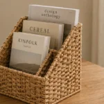 An upright woven holder with sloping sides for magazines, notebooks and papers.