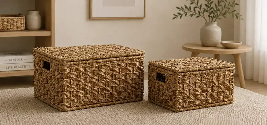 Rectangular woven storage boxes with fitted lids and inset side hand openings.