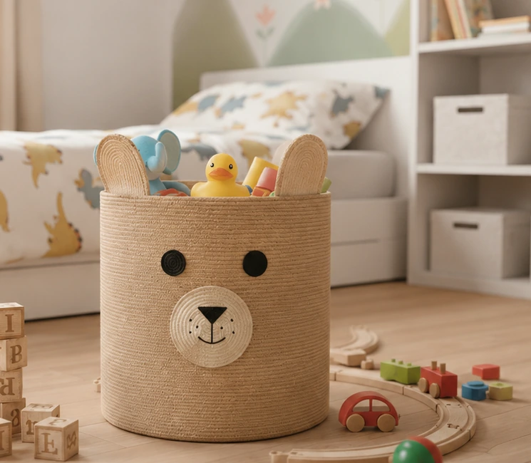 A cylindrical natural-tone basket with raised ears and an expressive bear-face design for toy storage.