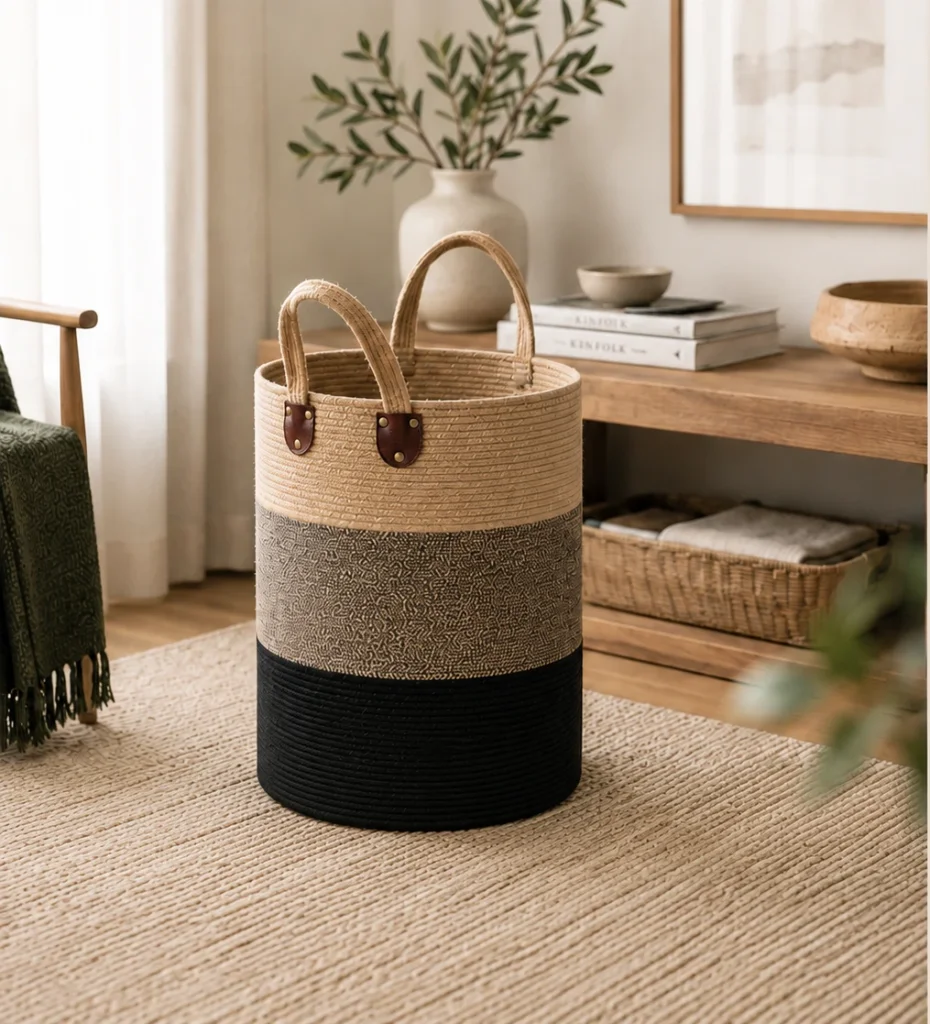 A tall round basket with broad natural, grey and dark colour bands and loop handles with contrasting attachments.