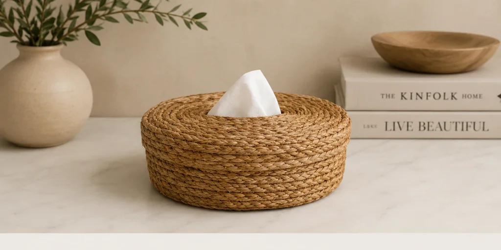 A low round braided tissue cover with a central opening and a continuous spiral texture.