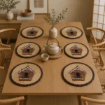 Round woven placemats featuring a colourful gingerbread-house motif and a contrasting border.