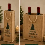 Natural-tone bottle gift bags with rope handles and a Christmas tree design, shown in single- and double-bottle formats.