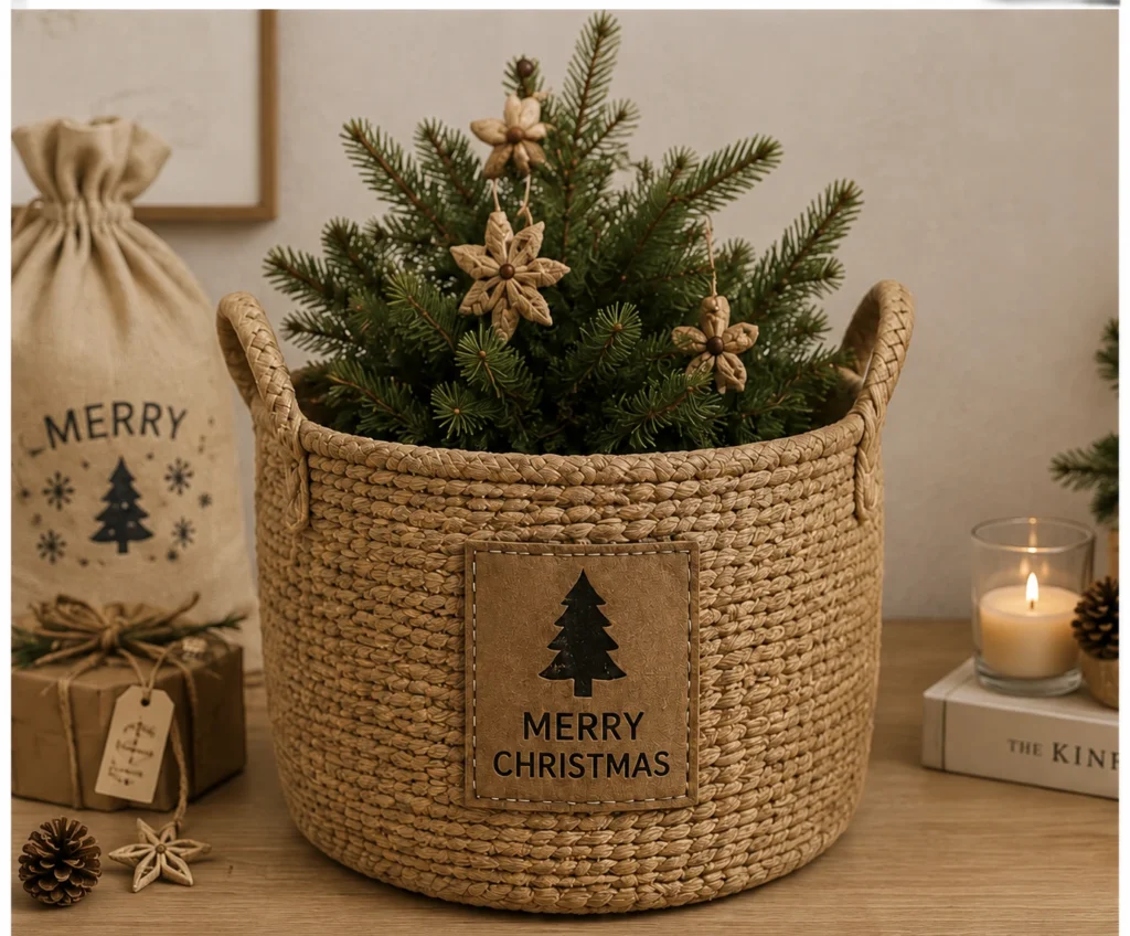 A round woven basket with side handles and a festive Christmas tree panel for seasonal gifting and display.